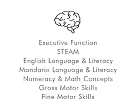 Head developmental goals: Executive Function, STEAM, English Language & Literacy, Mandarin Language & Literacy, Numeracy & Math Concepts, Gross Motor Skills, Fine Motor Skills
